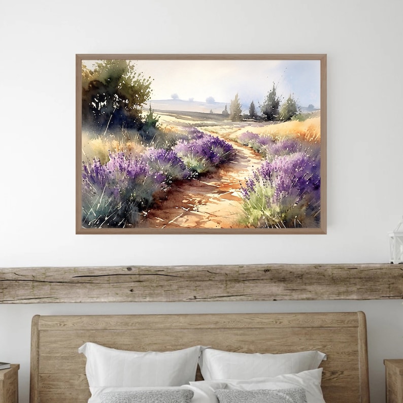 May include: A watercolour painting depicting a path winding through a field of lavender flowers. Trees line the path and the sky is a soft blue.