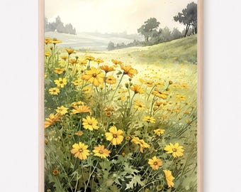 Wildflower Field Watercolor Painting Print, Coreopsis Flowers Wall Art, Country Landscape, Home Decor Gift Art