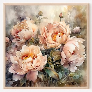 Peonies Watercolor Art Print Peony Flower Painting Botanical Square Wall Art Garden Pink Flowers Art Floral Wall Decor