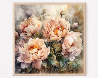 Wandbild mit Pfingstrosen, rosa Aquarellmalerei mit Blumenmotiv, botanischer Druck fürs Wohnzimmer, Geschenkidee für Gartenliebhaber