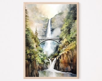 Multnomah Falls Watercolor Painting Art Print, Wall Art Decor, Waterfall Bridge Woods, Nature Lanscape Home Decor Gift