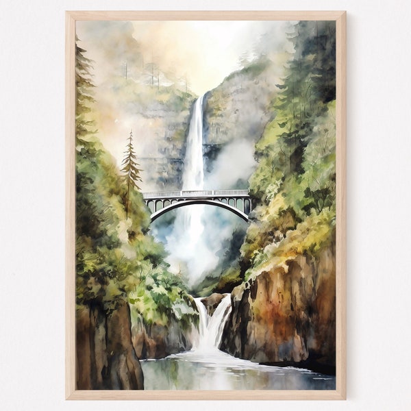Multnomah Falls Aquarelle Peinture Art Print, Décoration d’art mural, Bois de pont de cascade, Décor de paysage naturel, Cadeau de décoration intérieure