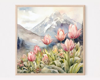 Tulips flowers Alaska mountain landscape watercolor painting art print