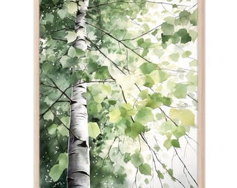 May include: A framed wall art print featuring a vertical view of a birch tree trunk with its characteristic white and black bark, surrounded by lush green leaves and branches that extend across the frame against a bright, light background.