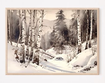 Winter Forest Watercolor Painting Art Print, Snowy Forest Wall Art, Home Decor Gift