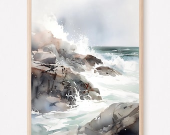 Ocean Coastal Artwork, Beach Wall Print, Large Watercolor Seascape for Home Decor