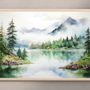 Mountain Lake Watercolor Landscape Pine Tree Wall Art Blue Green Art ...