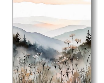 Impresión de las Montañas Blue Ridge, arte paisajístico moderno en acuarela, decoración de pared con flores silvestres de Carolina del Norte, póster de la naturaleza de los Apalaches