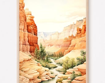 May include: A framed vertical watercolor painting depicting a canyon landscape with layered orange and cream rock formations, a winding river flowing through the center, and small green pine trees nestled along the base of the cliffs.