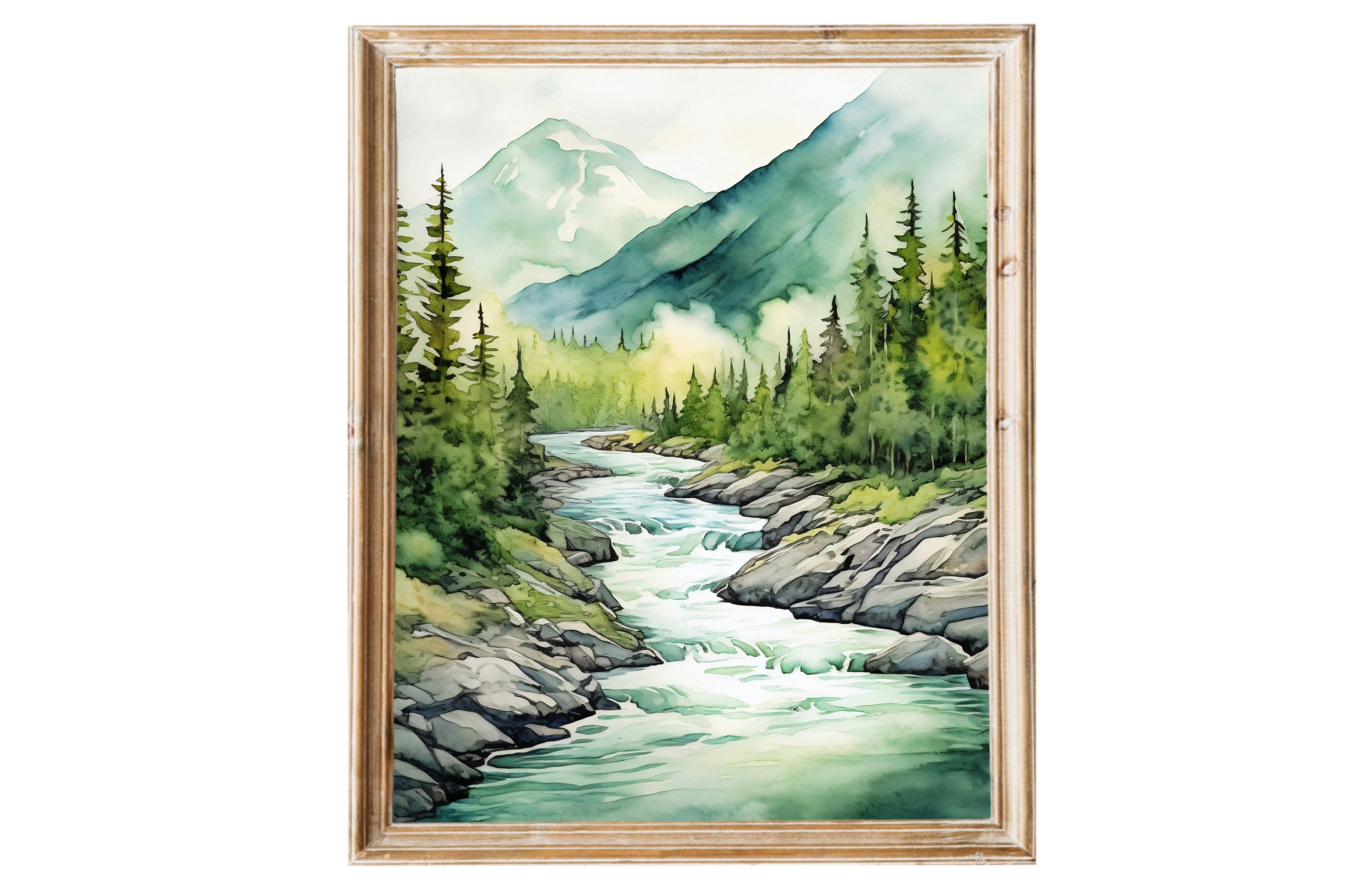 Mountain River Painting Misty Forest Landscape Wall Art Pine Tree ...