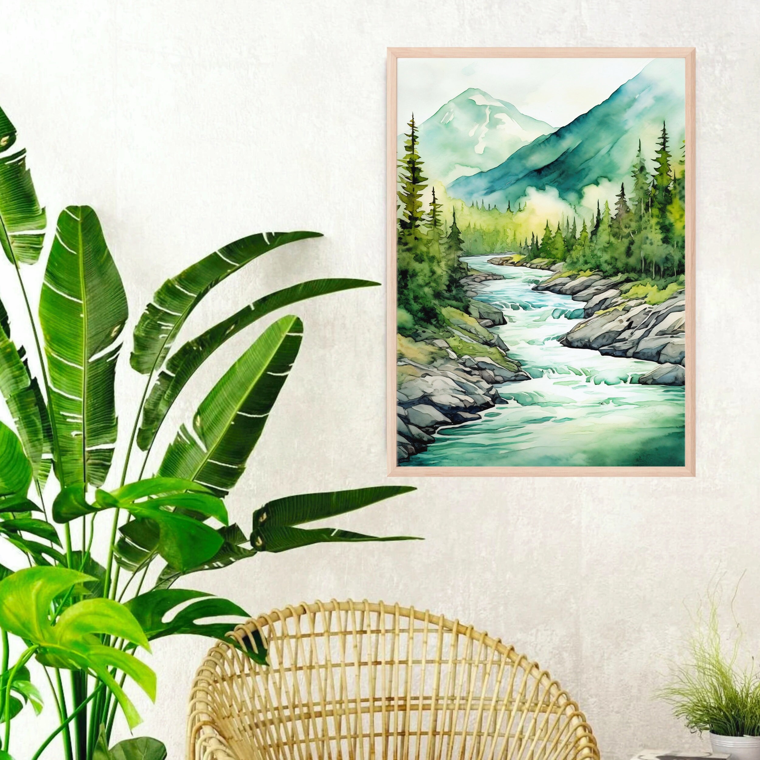 Mountain River Painting Misty Forest Landscape Wall Art Pine Tree ...