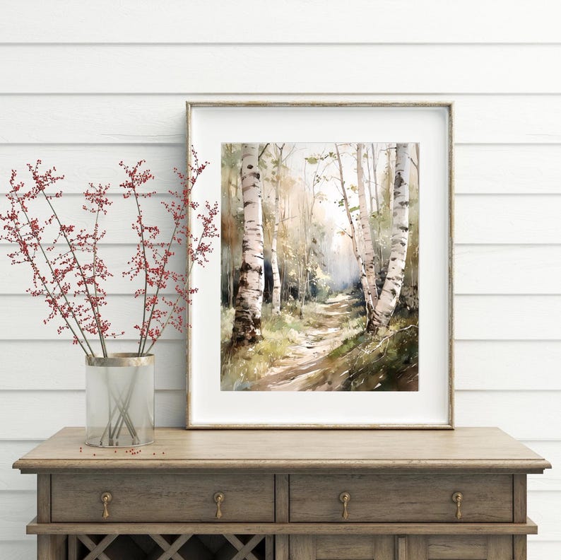 May include: A watercolor painting of a path through a birch tree forest. The trees are white with black markings and the path is light brown. The background is a soft green and brown.