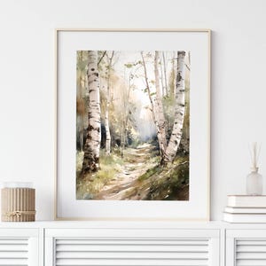 May include: A watercolor painting of a path through a birch tree forest. The trees are white with black markings and the path is light brown. The background is a soft, muted green and brown.