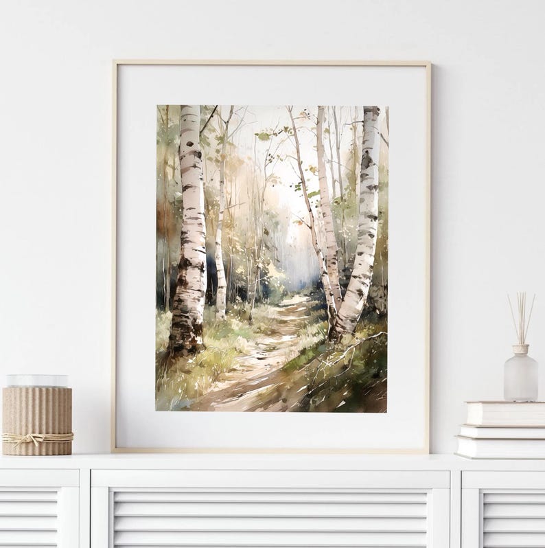 May include: A watercolor painting of a path through a birch tree forest. The trees are white with black markings and the path is light brown. The background is a soft, muted green and brown.