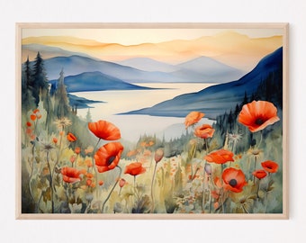 Pintura del desfiladero del río Columbia, acuarela, lámina artística de paisaje panorámico, arte mural, decoración para el hogar, regalo