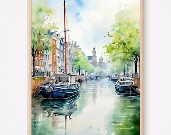 Amsterdam Canal Houses Large Watercolor Painting Art Print