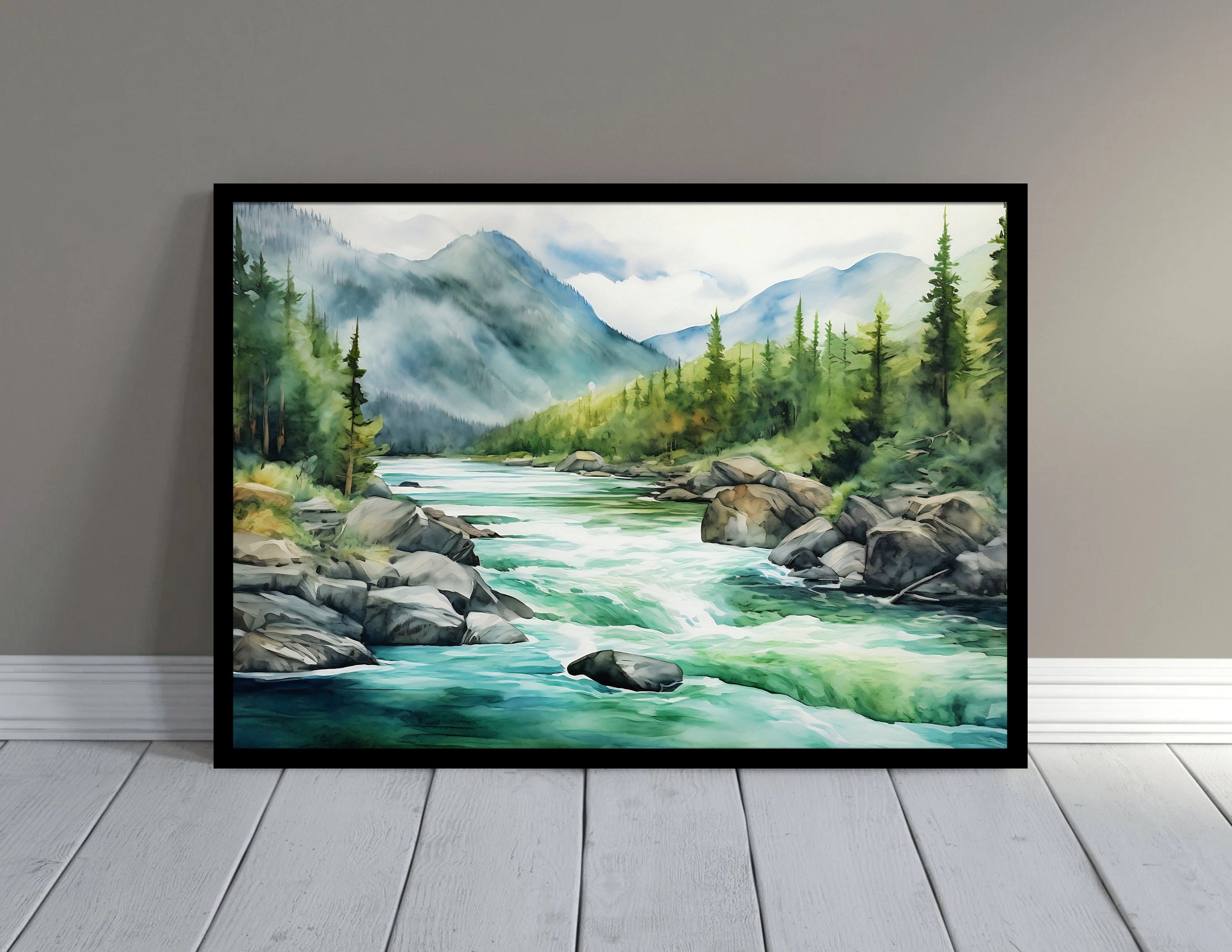 Mountain River Painting Misty Forest Landscape Wall Art Pine Tree ...