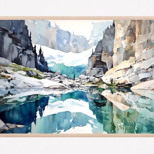 Glacier National Park Print, Iceberg Lake Montana Watercolor Painting Art Poster, Mountain Landscape Wall Art, Farmhouse Decor, Gift Ideas