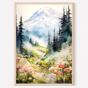 Impression d'art aquarelle du mont Rainier, impression du parc national, aquarelle de voyage, impression du mont Rainier, cadeau de décoration intérieure