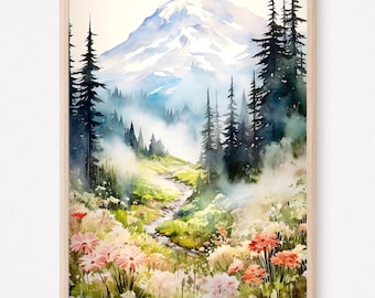 Mount Rainier Watercolor Print, National Park Wall Art, Nature Landscape Painting, Travel Poster, Mountain Home Decor Gift