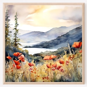 Columbia Gorge Watercolor Painting Mountain River Art Print Poppy Flowers Landscape Print Foggy Pine Forest Fine Art Print Home Decor Gift