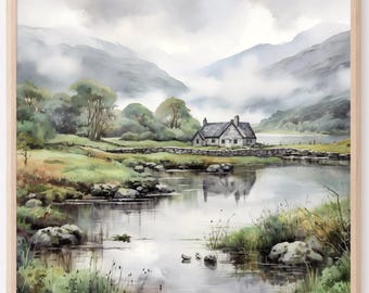 Ireland Landscape Art Print – Rustic Irish Cottage Artwork, Countryside Wall Decor, Gift for Home & Travel Lovers