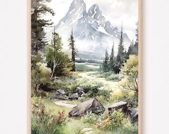 May include: A watercolor painting of a mountain range with a path leading through a forest. The mountains are painted in shades of blue and white, with a hint of snow on the peaks. The forest is lush and green, with trees of various sizes. The path is winding and leads to the base of the mountains.