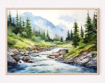Paisaje de río de montaña en acuarela, arte de pared con pinos, lámina artística azul y verde, pintura de bosque de pinos, decoración de pared minimalista