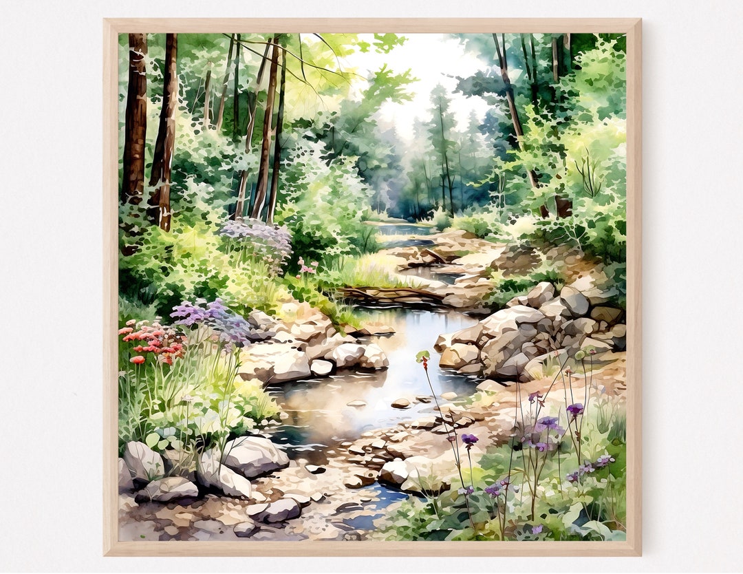 Forest River Watercolor Print • Tranquil Nature Wall Art • Green ...