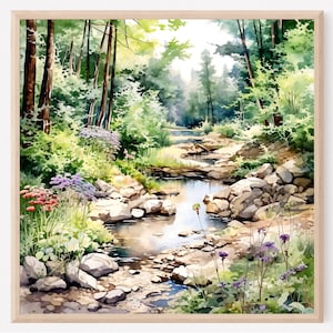Waldfluss-Wandkunst, Waldfluss-Aquarellkunst, Naturdruck, grünes Waldgemälde-Poster, Landschaftsdruck-Wandkunst, Wohnzimmerdekoration