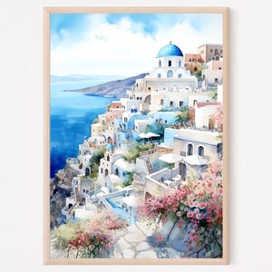 Santorini Aquarell Kunstdruck, Griechenland Wandkunst, Santorini Europa Reiseposter, Geschenk zur Wohnungserwärmung, Reisegeschenk