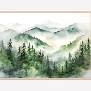 Large pine tree wall art misty forest print panoramic landscape teal forest watercolor painting neutral art print mountain forest poster