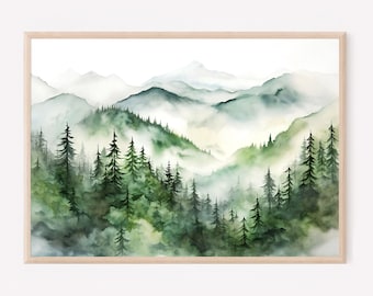 Large pine tree wall art misty forest print panoramic landscape teal forest watercolor painting neutral art print mountain forest poster