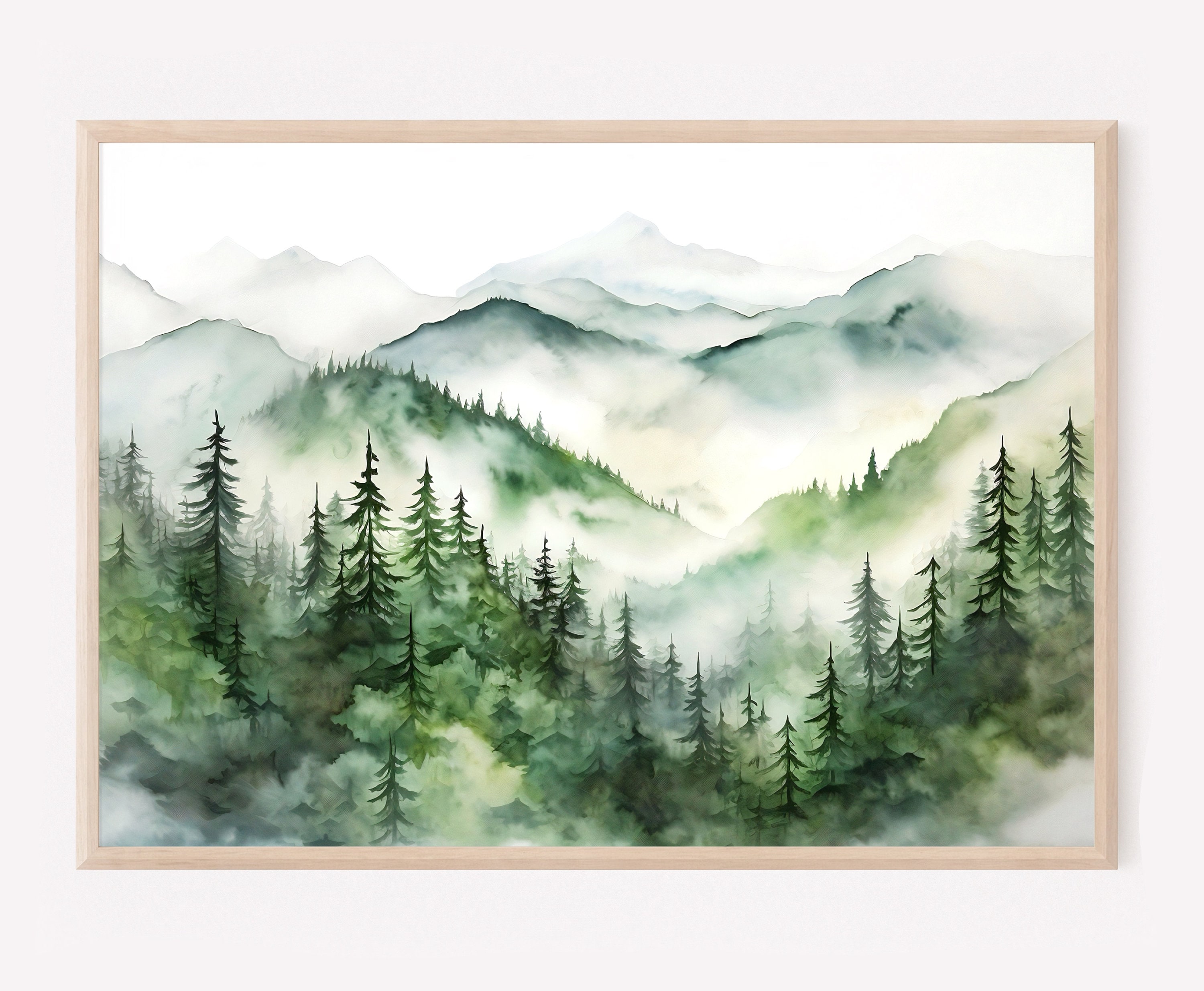 Large Pine Tree Wall Art Misty Forest Print Panoramic Landscape Teal ...