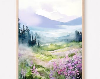 Field of Wildflowers and Mountains watercolor painting art print, Nature outdoors cozy rustic landscape large wall art, Home decor gift art