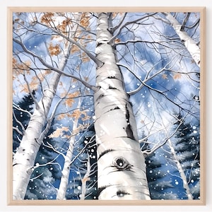 Winter Forest Wall Art, Watercolor Forest Landscape, Nature Print, Birch Forest Painting, Cabin Decor, Gift