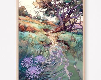 Può includere: Una stampa artistica incorniciata che raffigura un paesaggio in stile acquerello con un grande albero nodoso che sovrasta un ruscello tortuoso. La scena include colline, vegetazione verde e verde acqua e tre fiori viola in primo piano.