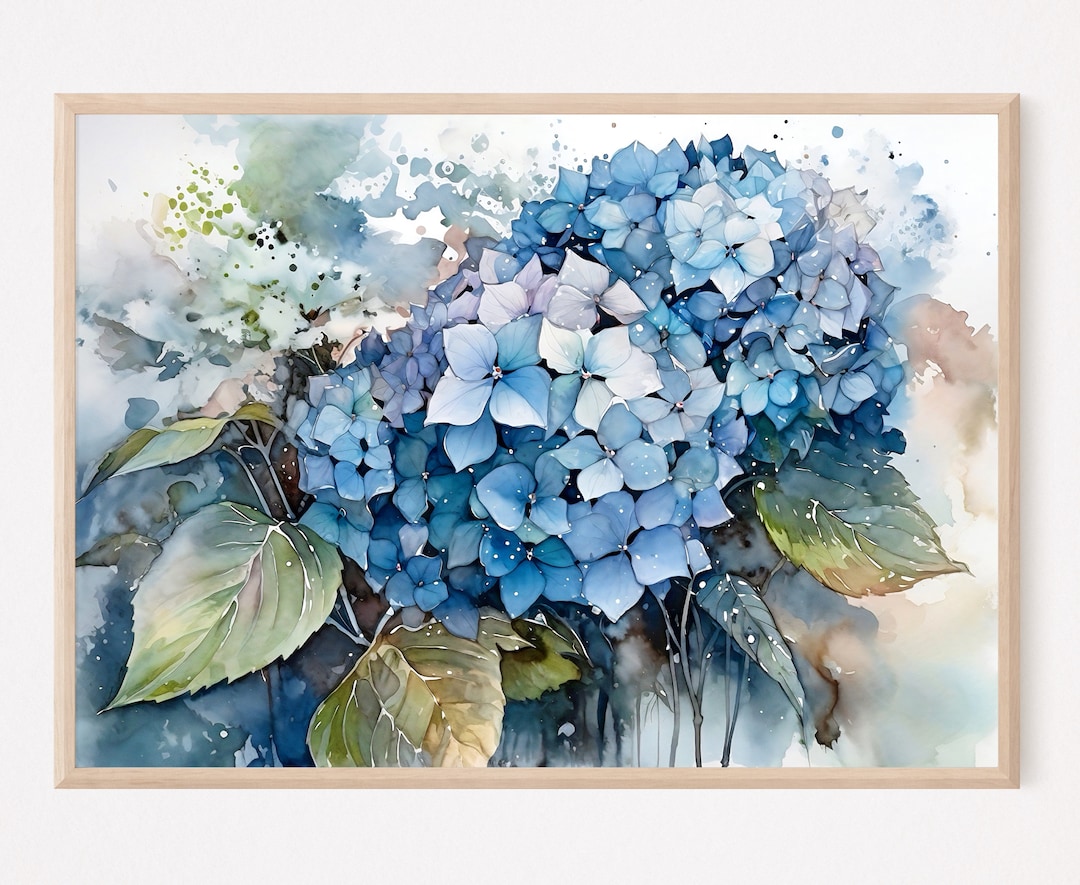 Blue Hydrangea Watercolor Art Print, Large Flora Wall Art, Home Decor ...