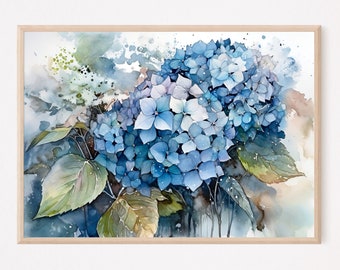 Blaue Hortensie Aquarell Kunstdruck, Große Flora Wandkunst