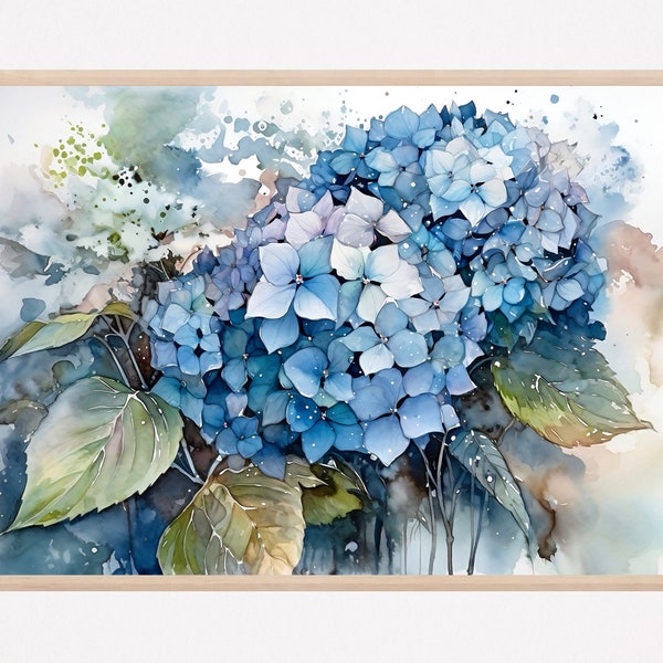 Blue Hydrangea Watercolor Art Print, Large Flora Wall Art, Home Decor Gift