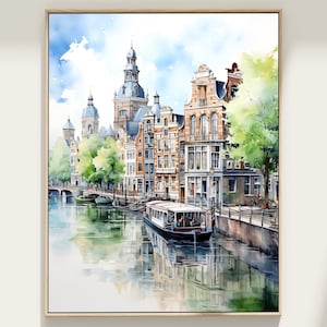 Amsterdam Canal Houses Large Watercolor Painting Art Print