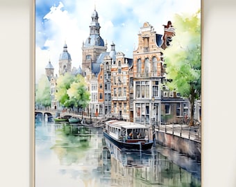 Amsterdam Canal Houses Large Watercolor Painting Art Print