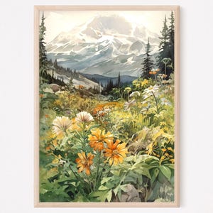 Denali National Park, Denali Travel Painting Art Print, Alaska Watercolor, Travel Poster, Denali Mountain Flowers Print, USA National Park