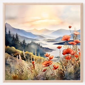 Columbia Gorge Watercolor Painting Mountain River Art Print Poppy Flowers Landscape Print Foggy Pine Forest Fine Art Print Home Decor Gift