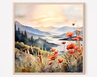 Lámina de acuarela del desfiladero del río Columbia, arte de paisaje de río y montaña, arte de pared de amapolas, póster de acuarela de bosque de pinos con niebla, regalo de decoración para el hogar