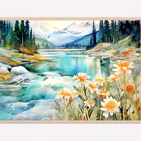 Mountain landscape with lake, Meadow flowers, House warming gift, Living room decor