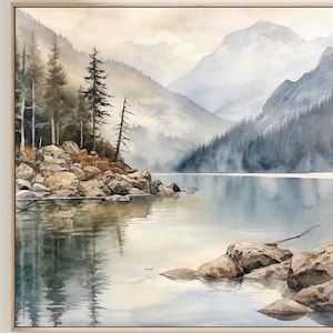 May include: A watercolor painting of a mountain lake scene. The lake is surrounded by mountains and trees. The water is calm and reflects the sky and mountains. The painting is done in shades of blue, green, and brown.