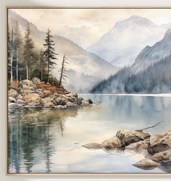 Mountain Lake Print, Neutral Landscape, Realistic Watercolor, Square Wall Art, Landscape Large Poster, Home Decor Gift
