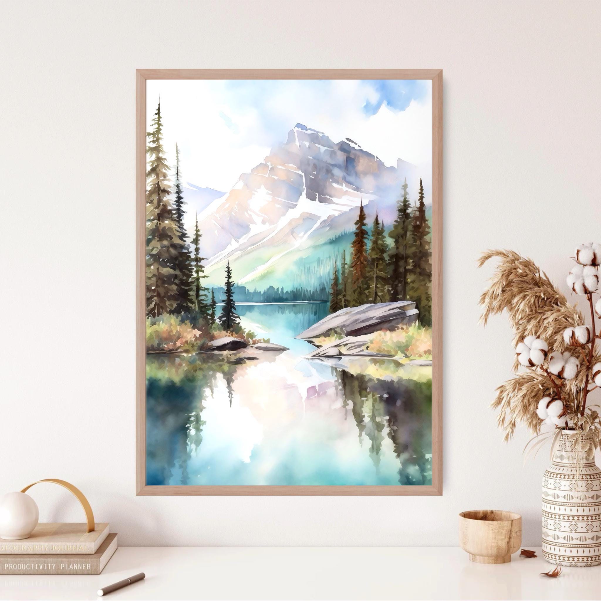 バンフの絵画 カナダ 水彩画 アートプリント 山と湖の風景 ティール