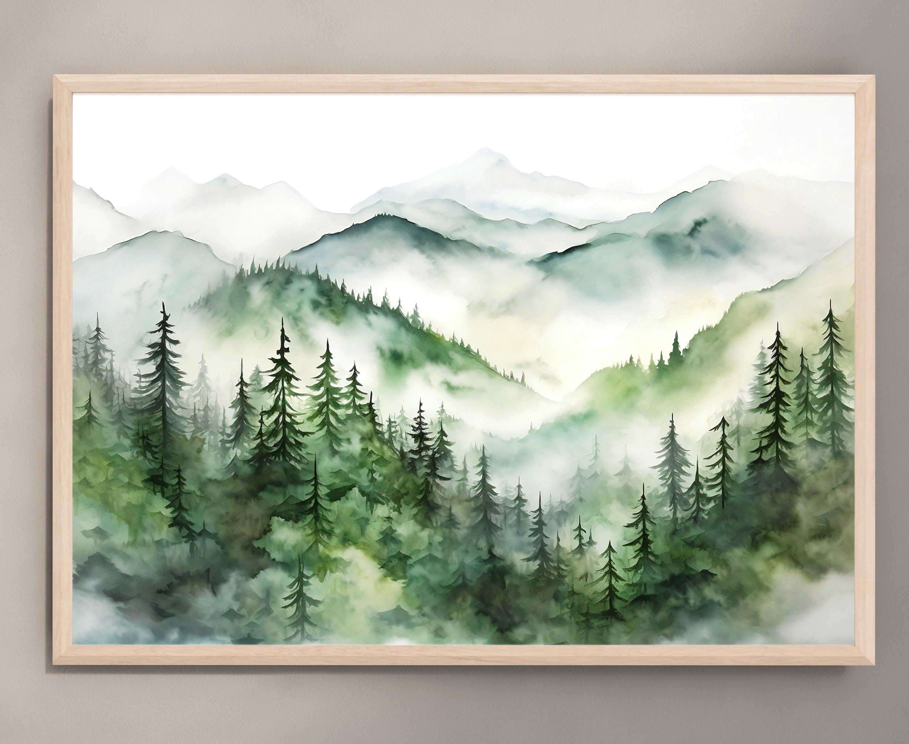 Large Pine Tree Wall Art Misty Forest Print Panoramic Landscape Teal ...